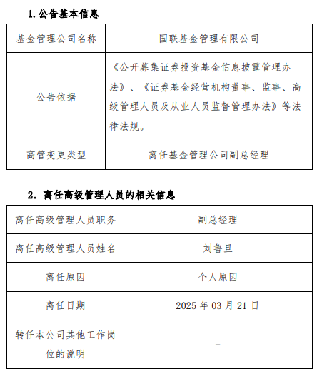 任職不滿1年 國聯(lián)基金副總經(jīng)理劉魯?shù)┮騻€人原因離任