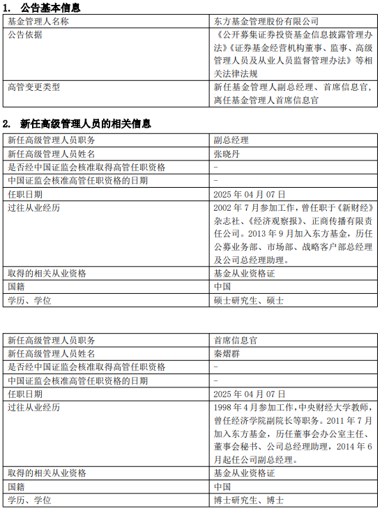 東方基金高管變更：新任張曉丹為副總經(jīng)理 新任秦熠群為首席信息官