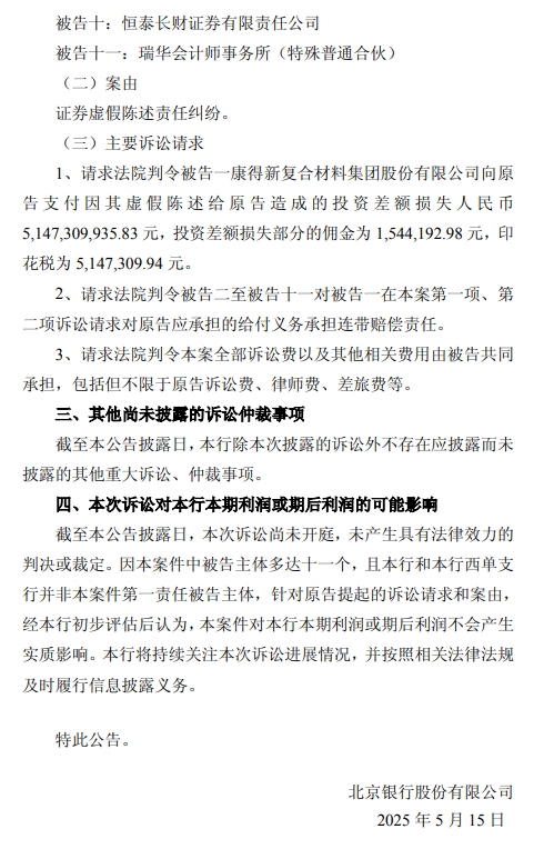北京銀行：涉證券虛假陳述責任糾紛被請求承擔51.47億元連帶賠償責任