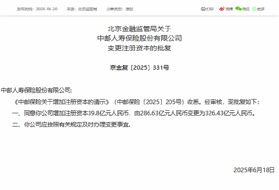 中郵保險獲批增資至326.43億元